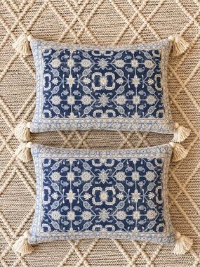 Set of 2 Blue Ivory Vintage Floral Lumbar Throw Pillows 13x19 Tassels